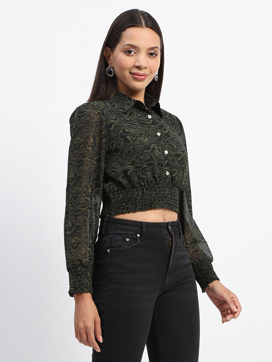 Madame Cinch Waist Marble Print Olive Crop Shirt