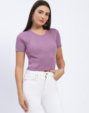 Madame Ribbed Round Neck Bodycon Solid Lilac Top