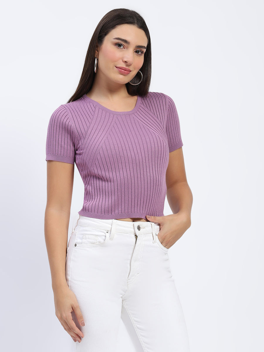 Madame Ribbed Round Neck Bodycon Solid Lilac Top