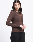 Madame Shimmery Mock Neck Wrap Brown Sweater