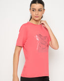 Madame Basic Fit Graphic Print Round Neck Half Sleeve Pink Top