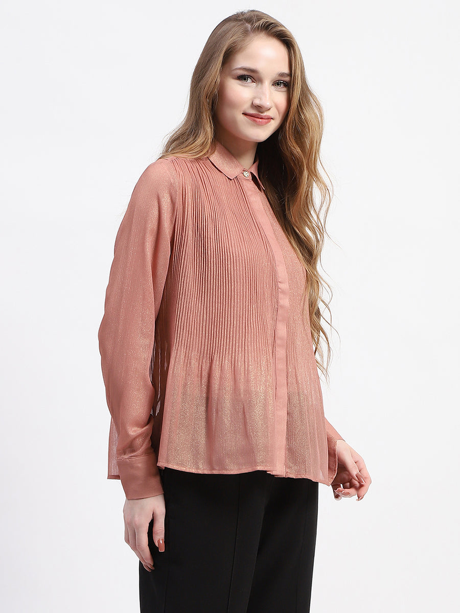 Madame Shimmer Pleated Hem Sheer Peach Shirt