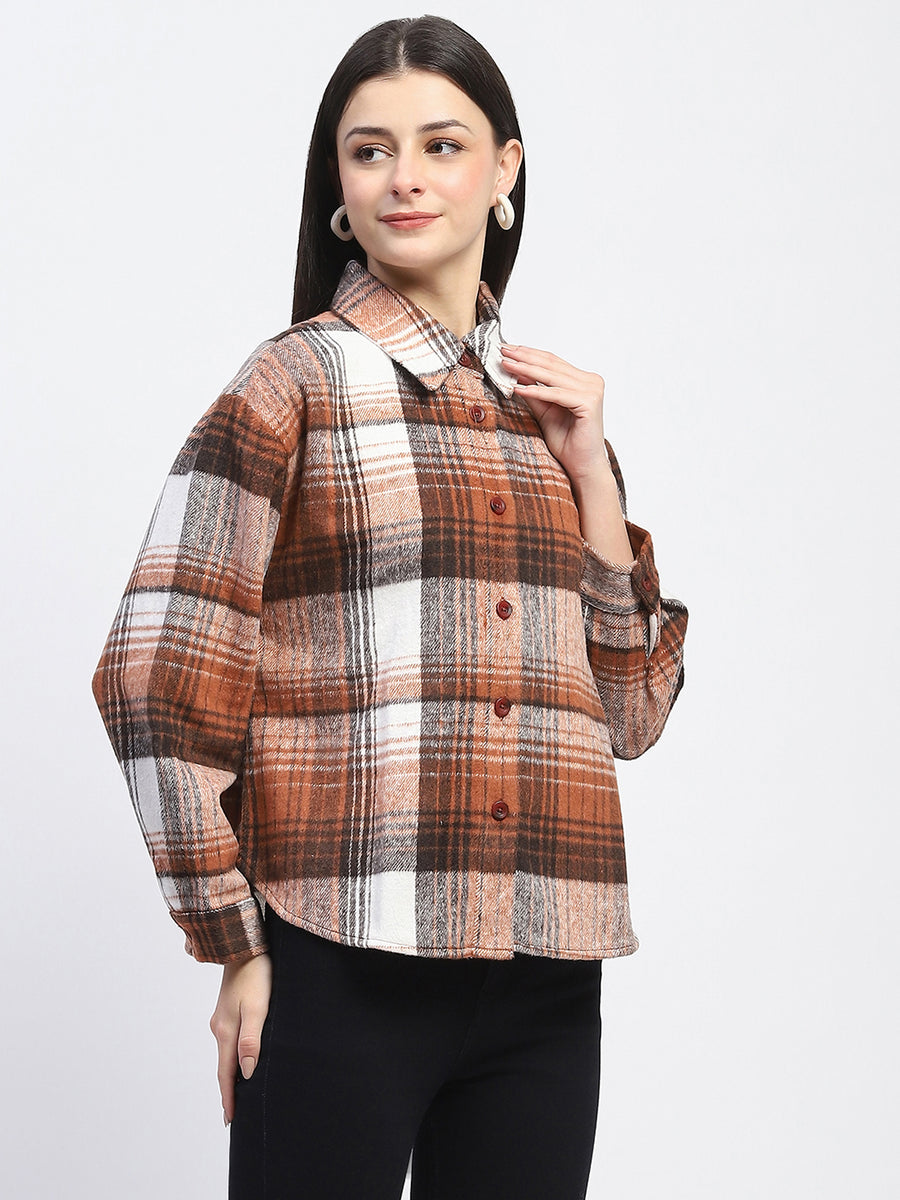 Madame Plaid Pattern Collared Brown Shacket