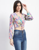 Madame Ruched Abstract Print Bell Sleeves Lilac Crop Top