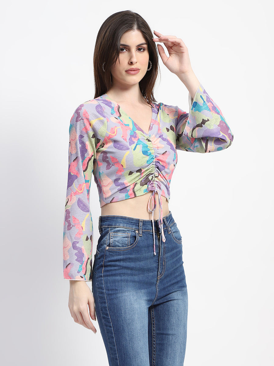 Madame Ruched Abstract Print Bell Sleeves Lilac Crop Top