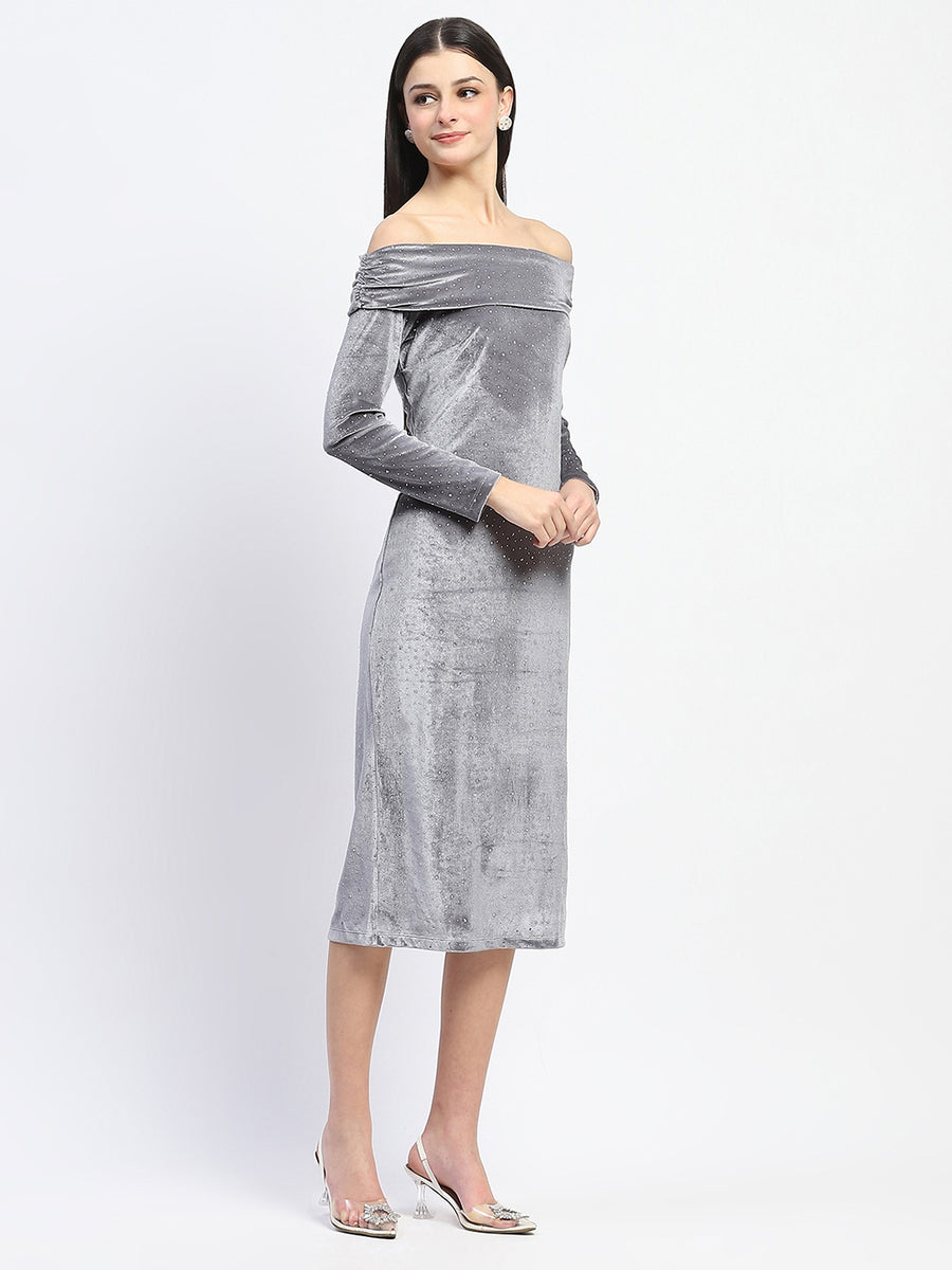 Madame Off-shoulder embellished Grey Velvet Dress