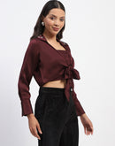 Madame Embellished Collar Front Knot Two Piece Maroon Crop Shirt