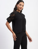 Madame Embroidered Crew Neck Black Mesh Top