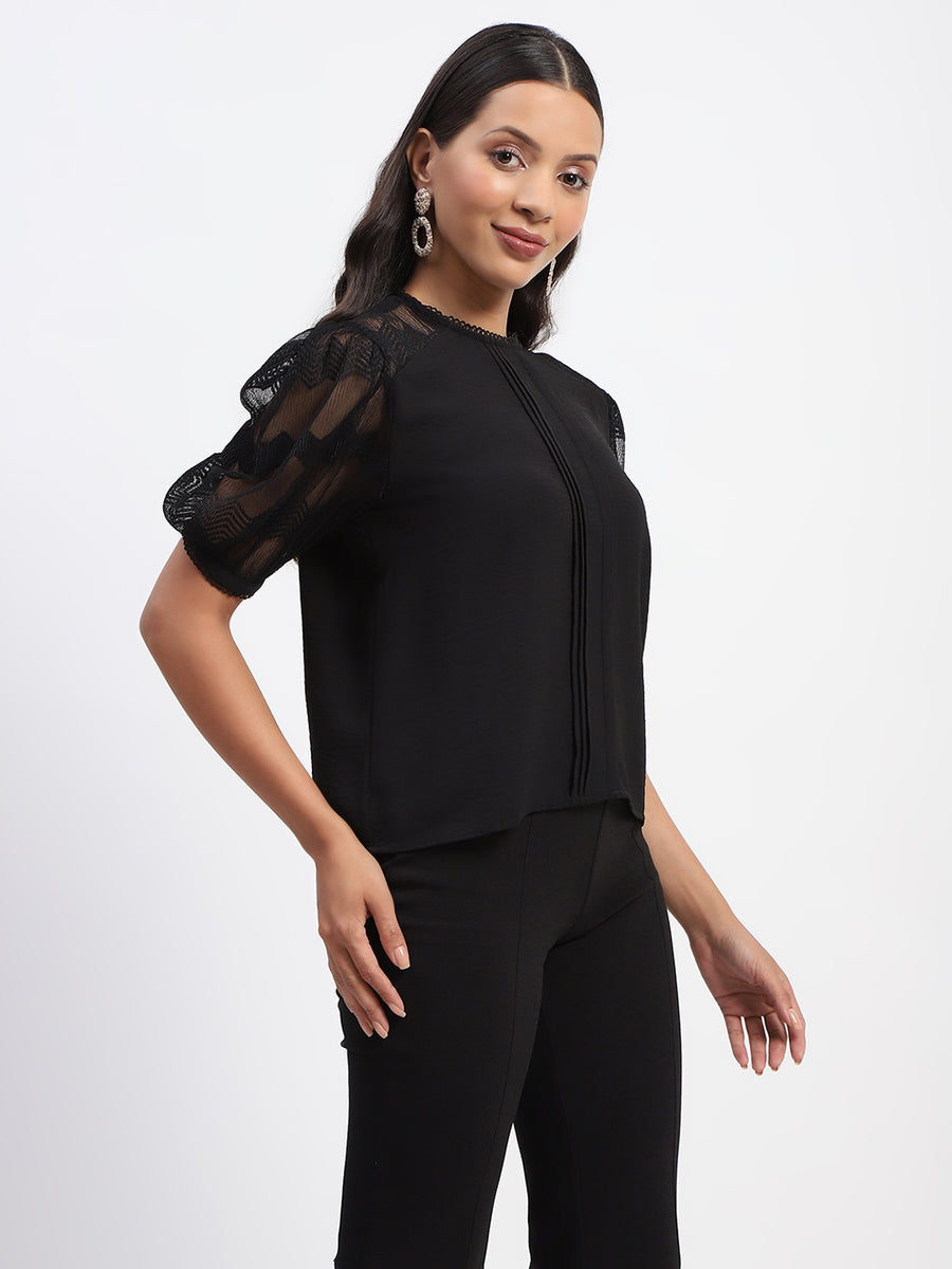 Madame Embroidered Crew Neck Black Mesh Top