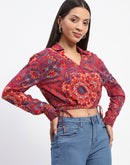 Madame Abstract Print Wrap Style Red Crop Shirt