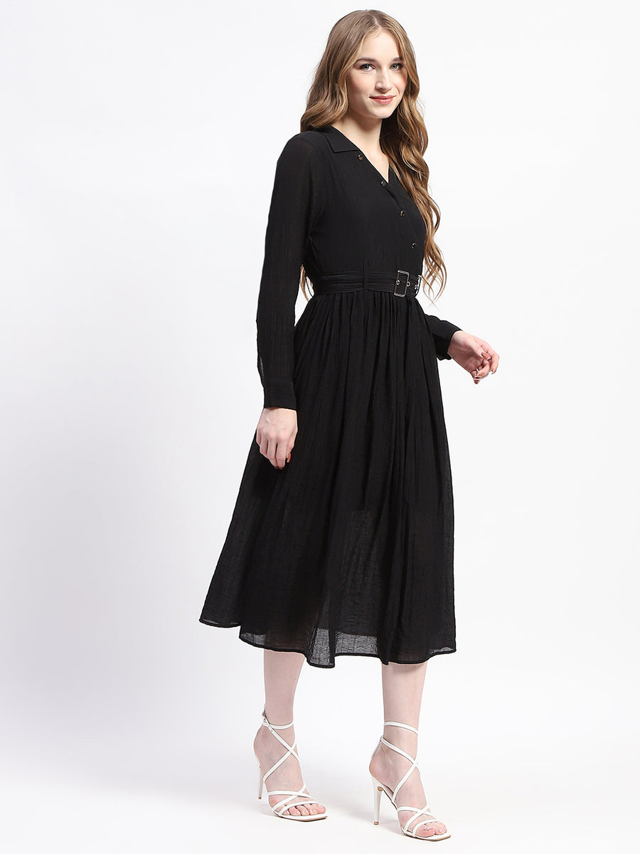 Madame Pleated Cotton Blend Black Shirt Dress