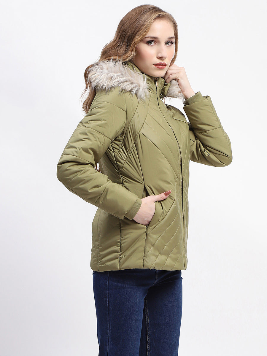 Madame Faux Fur Quilted Apple Green High Collar Puffer Jacket