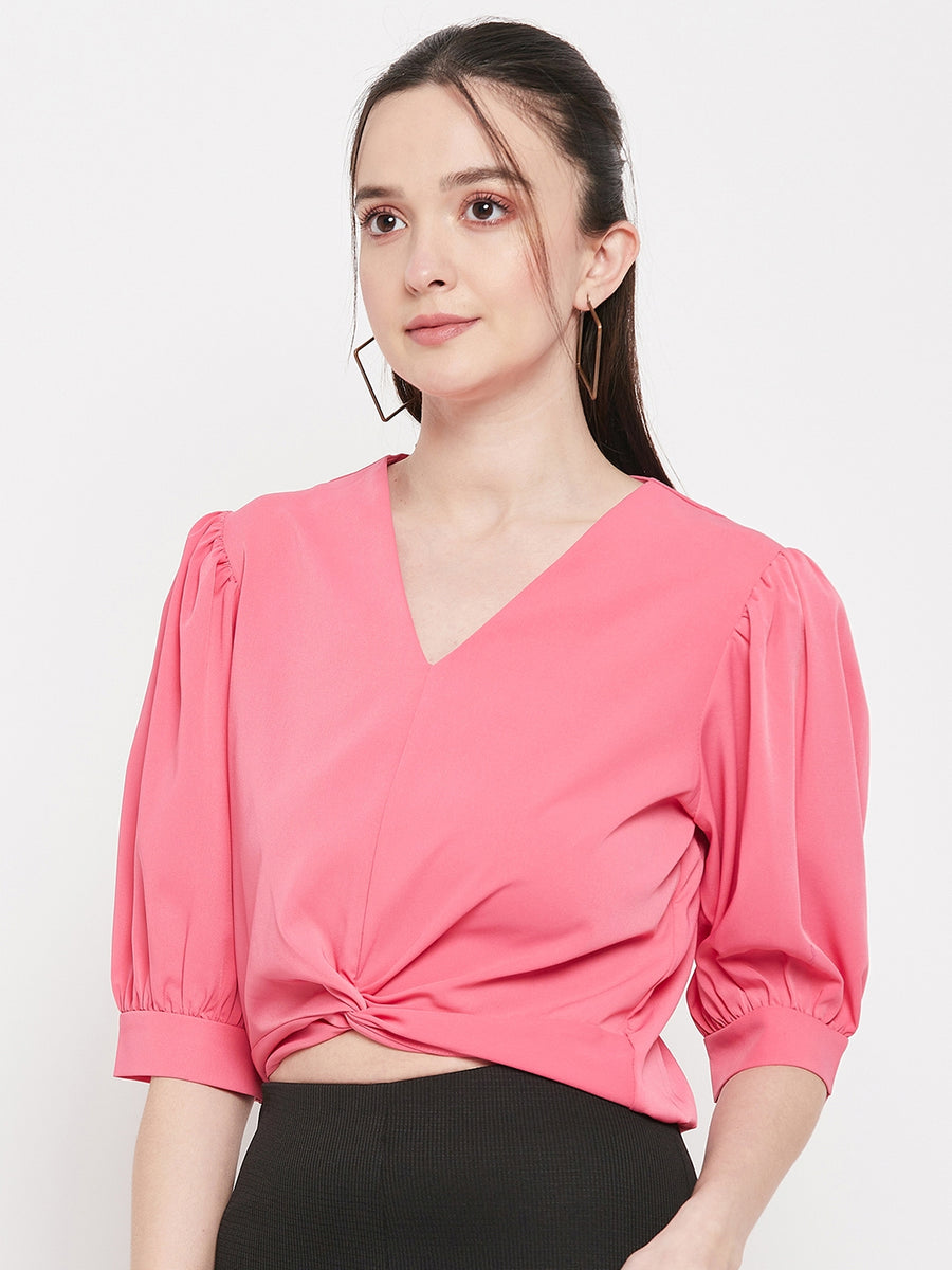 Camla Barcelona Front Knot V-Neckline Pink Crop Top