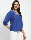 Madame Royal Blue Linen Cotton Blend Tunic Top