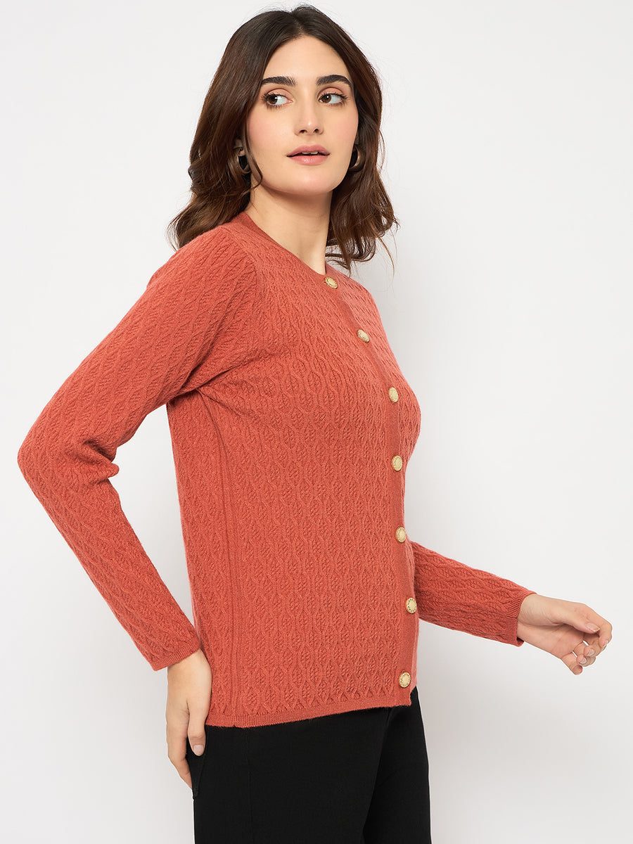 Madame Cable Knit Round Neck Rust Red Cardigan