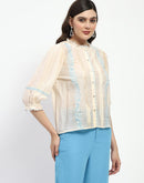 Madame Bridgerton Embroidered Mock Neck Beige Rayon Shirt