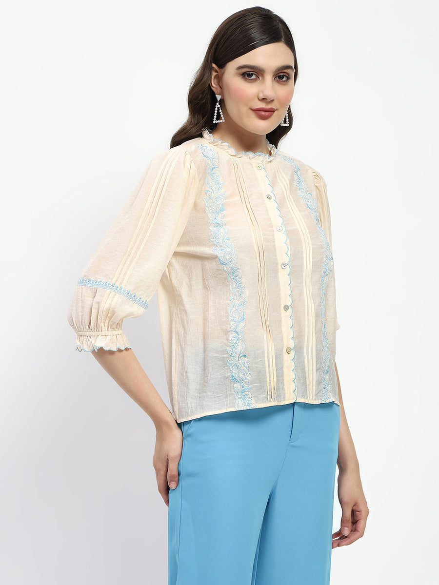 Madame Bridgerton Embroidered Mock Neck Beige Rayon Shirt