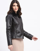 Madame Textured Self Design Black Bonded Suede Jacket