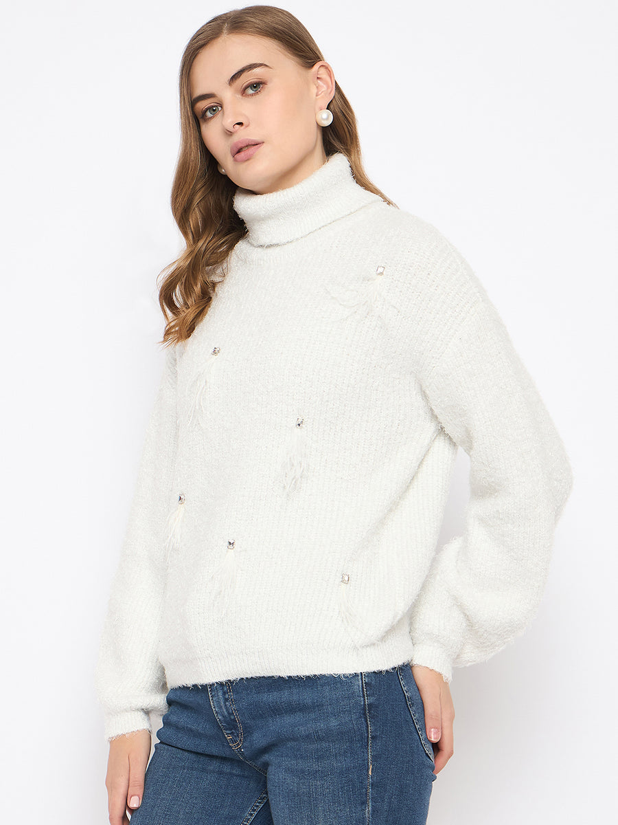 Madame Embellished Turtleneck Off White Sweater