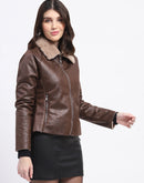 Madame Textured Self Design Brown Suede Jacket