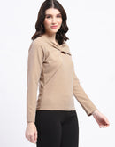 Madame Ring Detailed Embellished Asymmetrical Neck Solid Beige Top