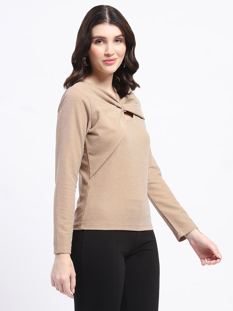 Madame Ring Detailed Embellished Asymmetrical Neck Solid Beige Top