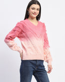 Madame Ombre Print Textured V Neck Pink Sweater