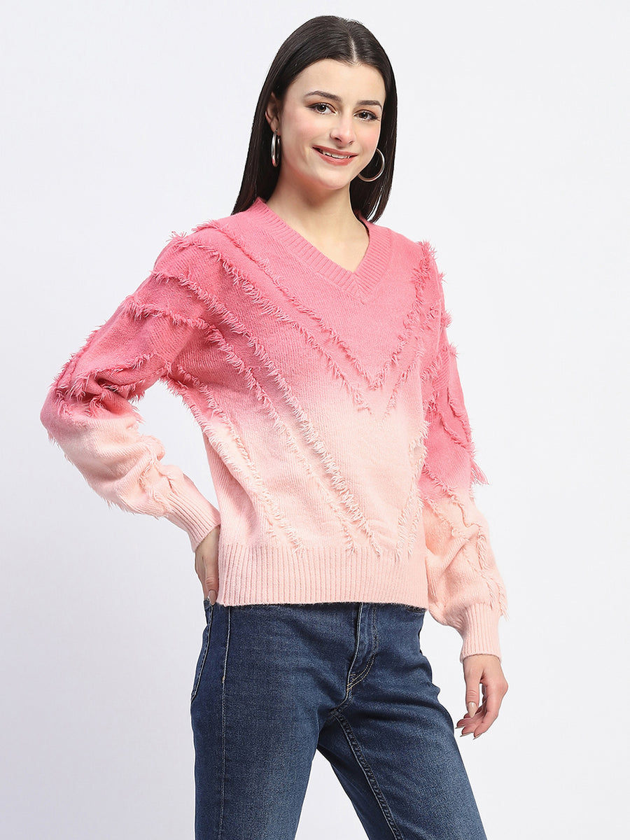 Madame Ombre Print Textured V Neck Pink Sweater