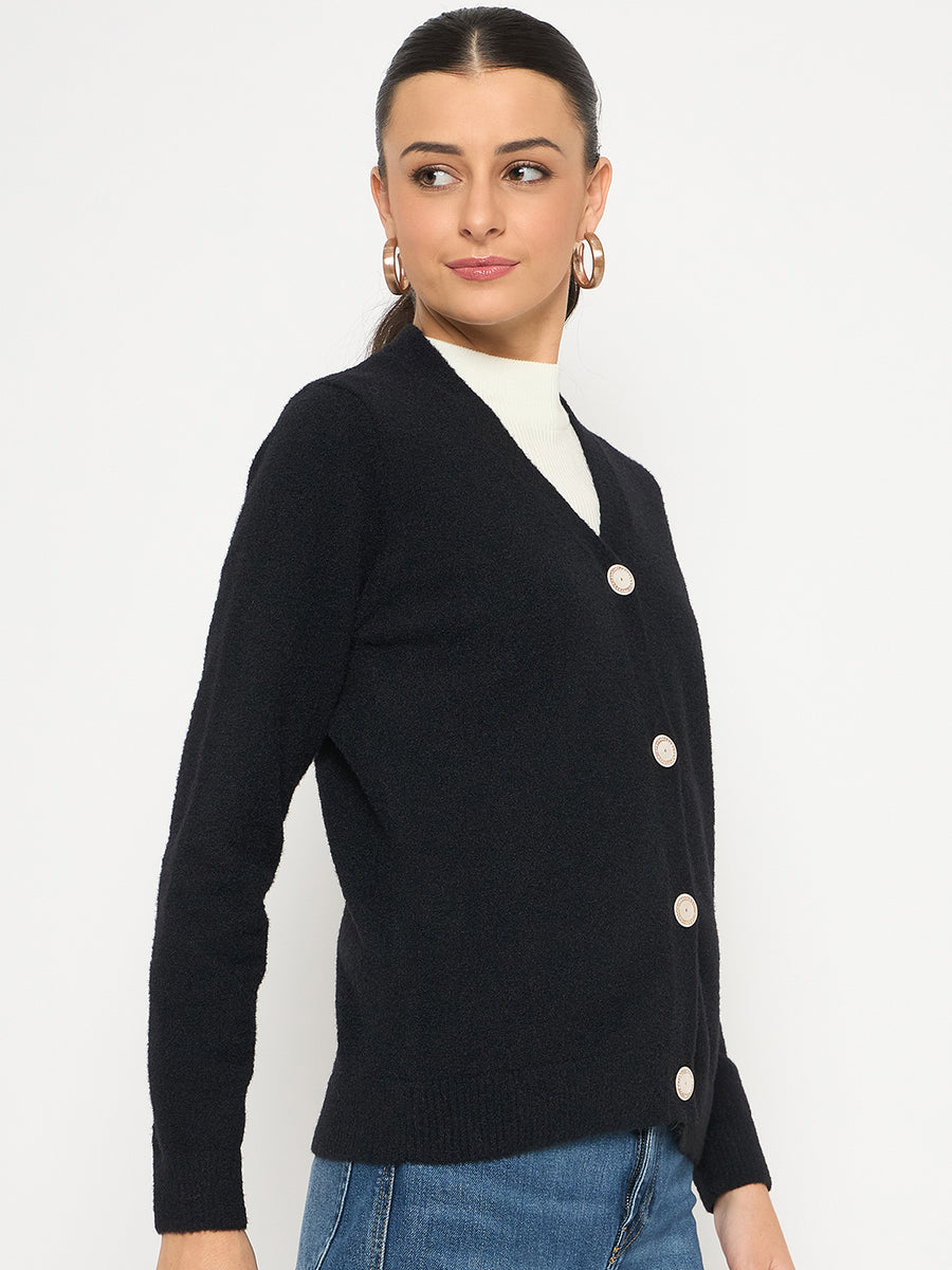 Madame V Neck Solid Black Cardigan