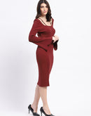 Madame Brick Red Knit Midi Dress with Flounce Sleeves