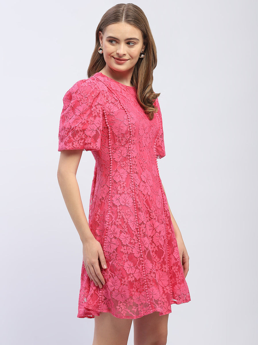 Madame Puff Sleeve Pink Lace A-Line Dress