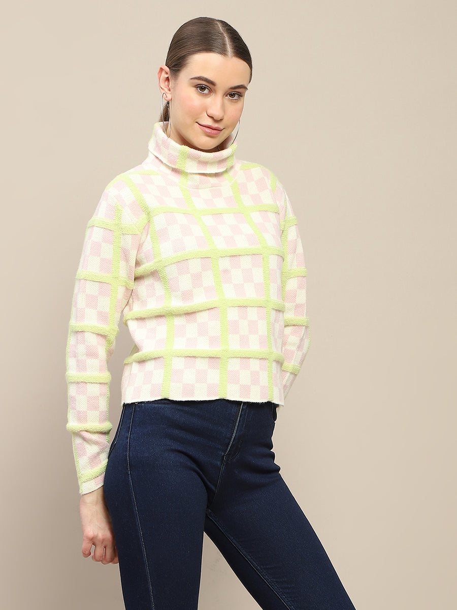 Madame Chequered Full Sleeve Pink Sweater