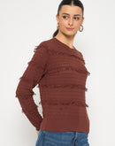 Madame Fringe Textured Chocolate Brown Cotton Sweater