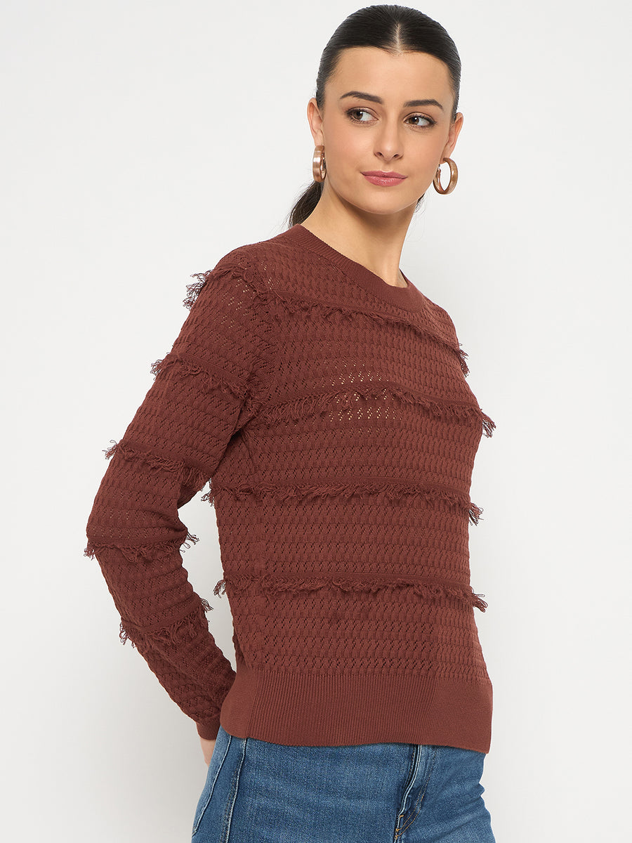 Madame Fringe Textured Chocolate Brown Cotton Sweater