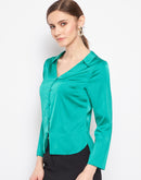 Madame V-Neck Solid Green Satin Shirt