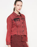 Madame Acid Wash Cotton Blend Red Denim Jacket