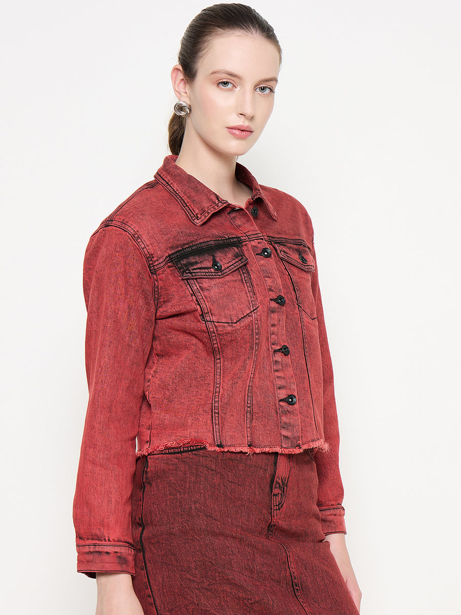 Madame Acid Wash Cotton Blend Red Denim Jacket