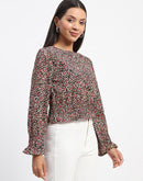 Madame Floral Print Cinch Waist Black Top