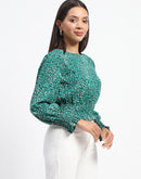 Madame Animal Print Cinch Waist Green Top