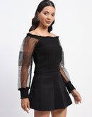 Madame Sheer Sleeve Gathered Off Shoulder Black Top