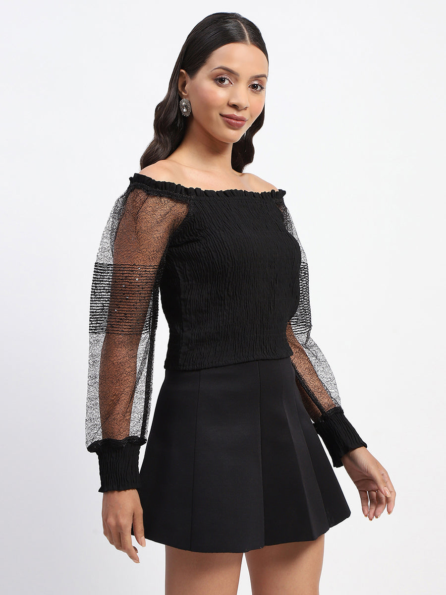 Madame Sheer Sleeve Gathered Off Shoulder Black Top