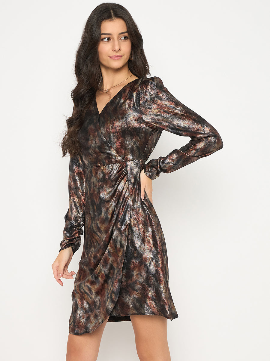 Madame Front Pleated Metallic Rust Floral Print Wrap Dress