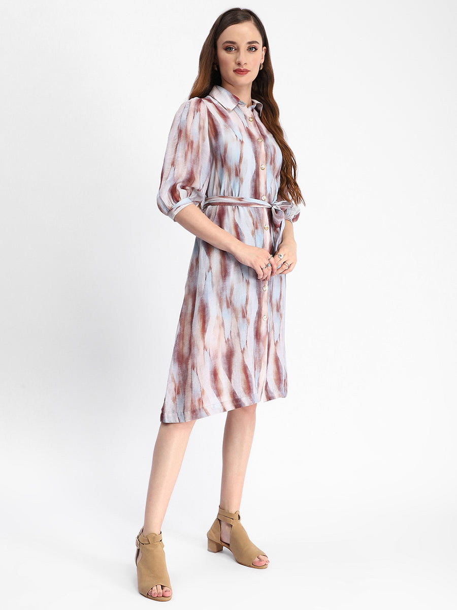 Madame Blue Abstract Print Belted A Line Midi Dress