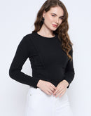 Madame Corset Body Stitch Line Detailed Solid Black Ribbed Crop Top