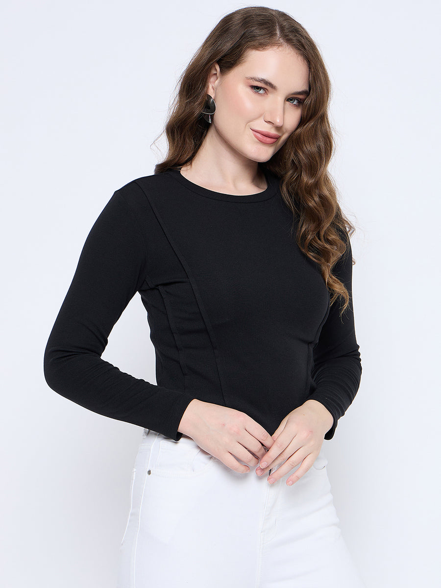 Madame Corset Body Stitch Line Detailed Solid Black Ribbed Crop Top