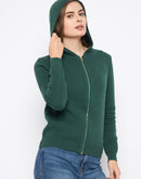 Madame Zip Solid Green Hooded Sweater