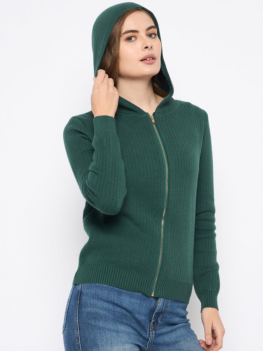 Madame Zip Solid Green Hooded Sweater