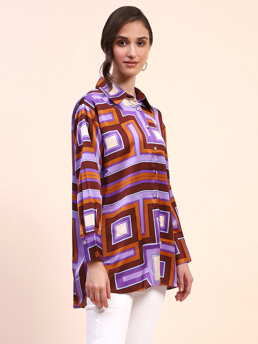 Camla Barcelona Geometric Print Cuff Sleeve Purple Shirt