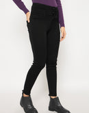 Madame Cotton Blend Double High Rise Solid Button Black Denim Jeans