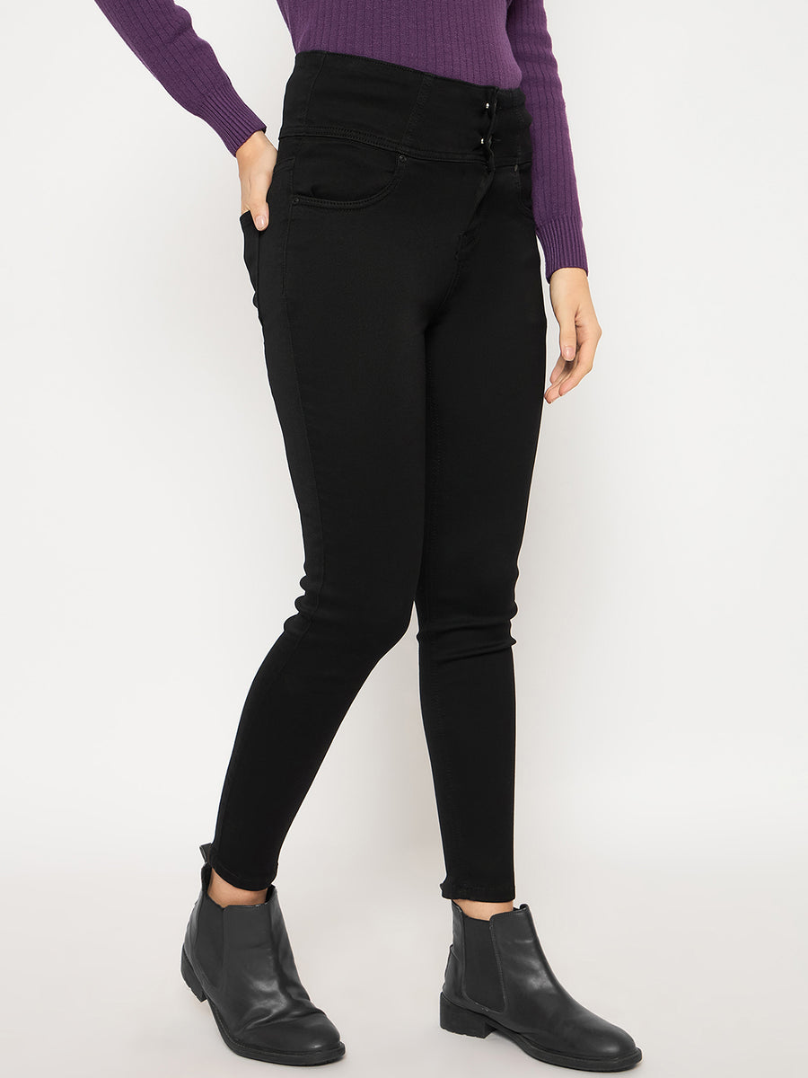 Madame Cotton Blend Double High Rise Solid Button Black Denim Jeans